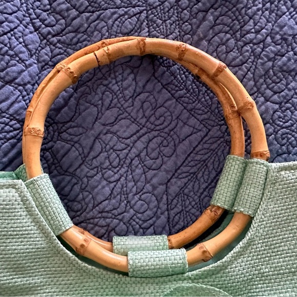 NEIMAN MARCUS Green Floral Tote Bag with Bamboo Handles Vintage 1970’s Beauty - Picture 2 of 15